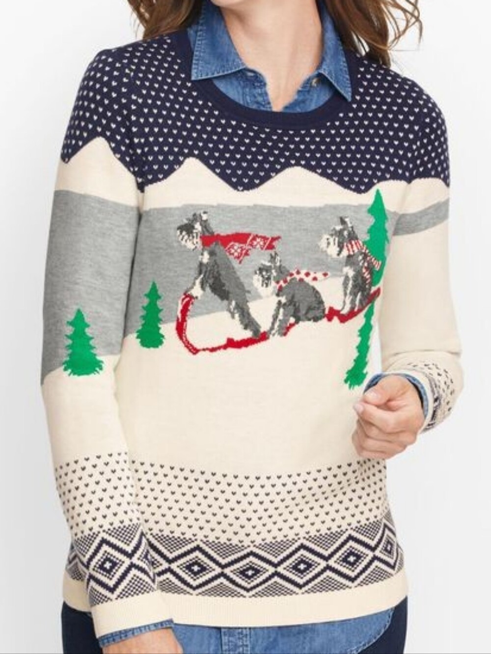 Talbots Navy, Gray & White Crewneck Sweater with Schnauzer Dogs